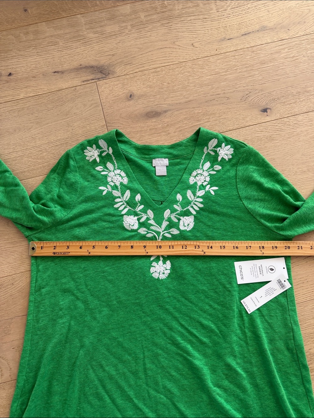 Chico's Embroidered Linen 3/4 Sleeve Tunic Women's Medium Green Floral - Picture 7 of 10